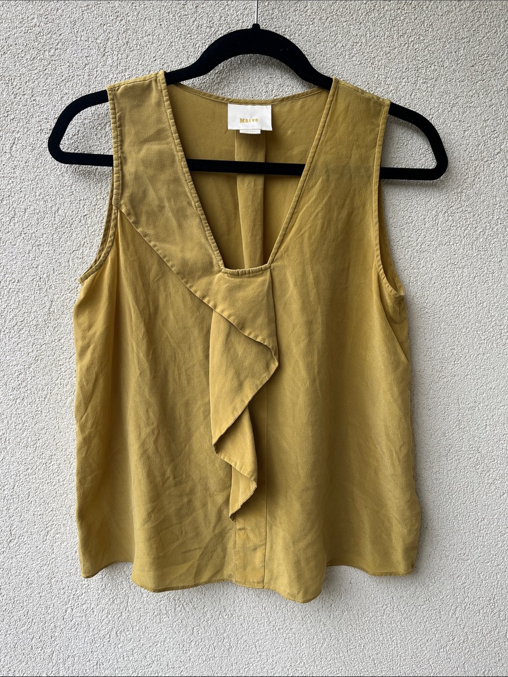 Maeve Anthropologie 100% Silk Mustard Yellow/Green Ruffle Top